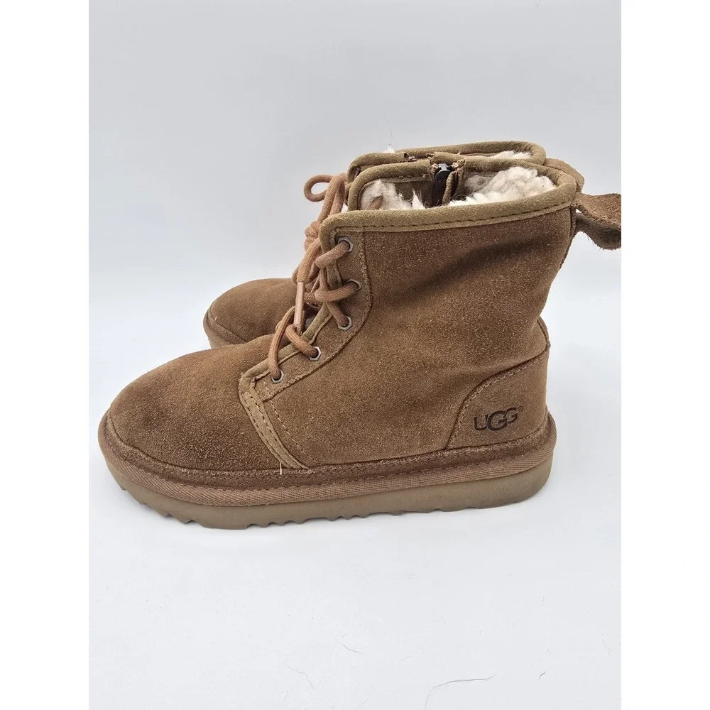 Uggs Harkley Boots Girls Size 3 Chestnut Brown 1017326K Zip Up Lace Up